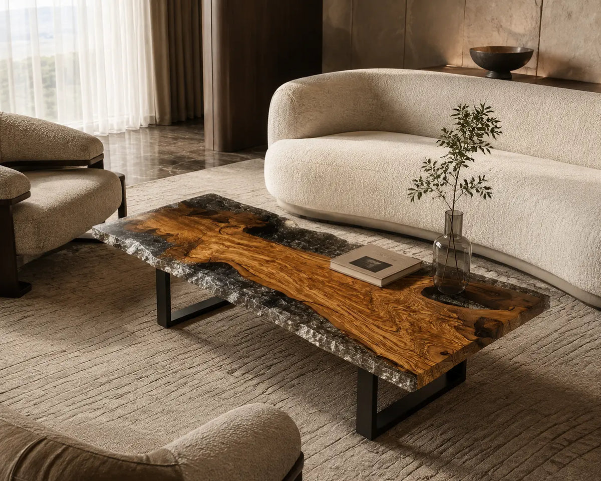 Crystal Edge crystal clear with smoky crystal texture epoxy italian olive wood coffee table CFT41