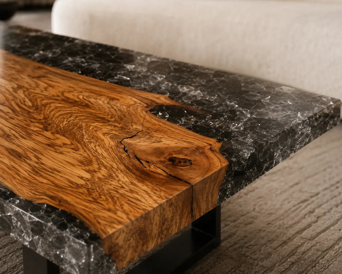 Crystal Edge Crystal Clear & Smoky Crystal Texture Epoxy Italian Olive Wood Coffee Table CFT41