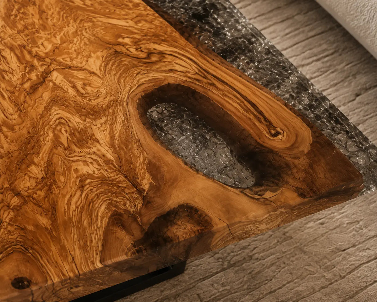 Crystal Edge Crystal Clear & Smoky Crystal Texture Epoxy Italian Olive Wood Coffee Table CFT41