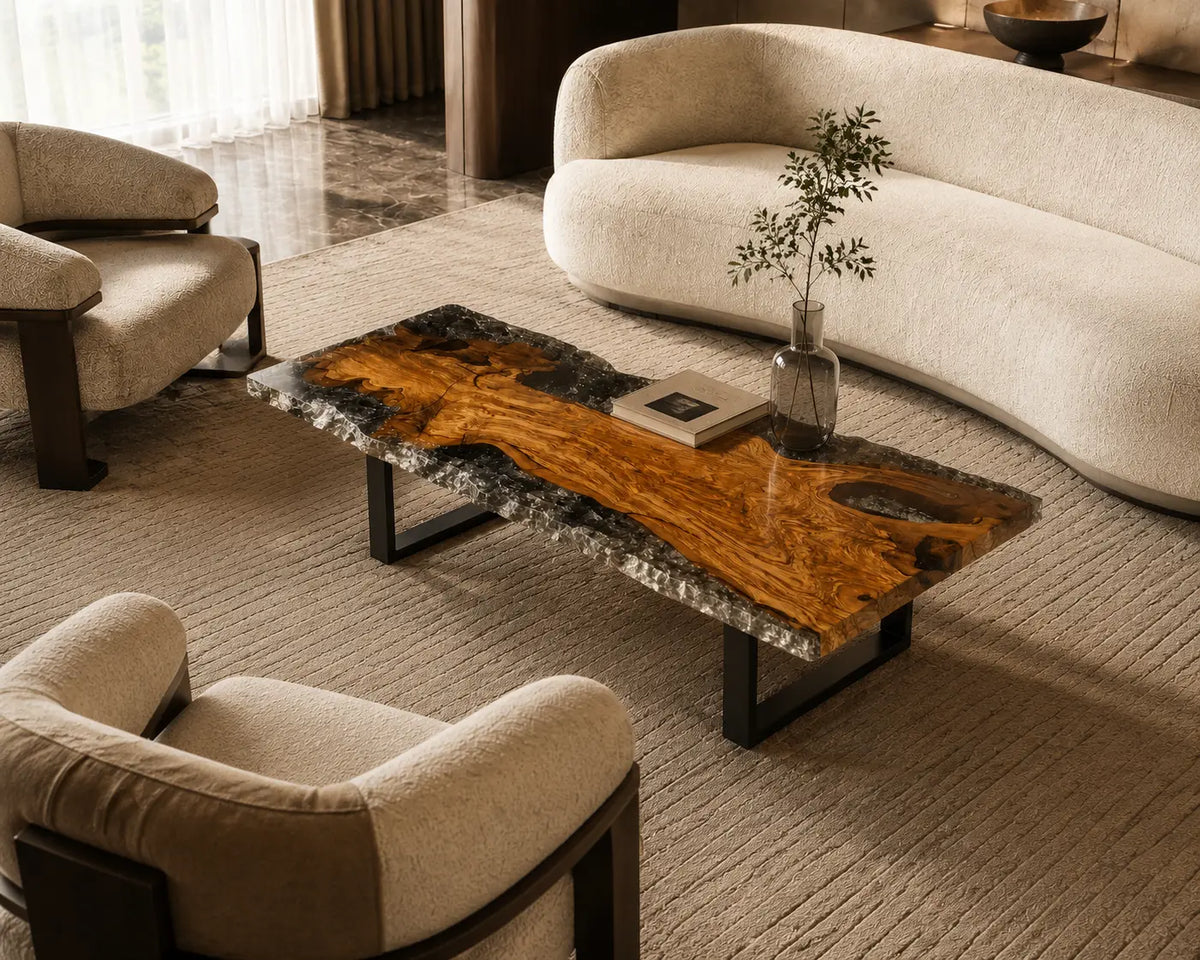 Crystal Edge Crystal Clear & Smoky Crystal Texture Epoxy Italian Olive Wood Coffee Table CFT41
