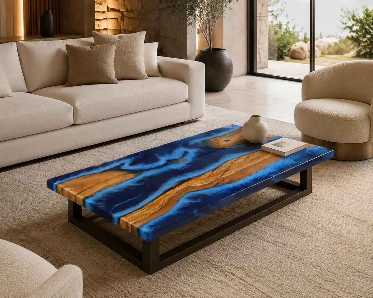 Azure Ribbons pearlescent blue epoxy river italian olive wood coffee table CFT42