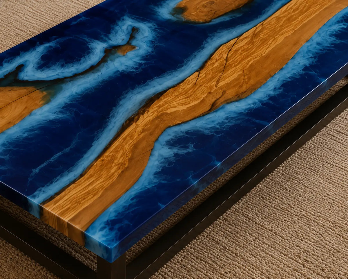 Azure Ribbons Pearlescent Blue Epoxy River Italian Olive Wood Coffee Table CFT42