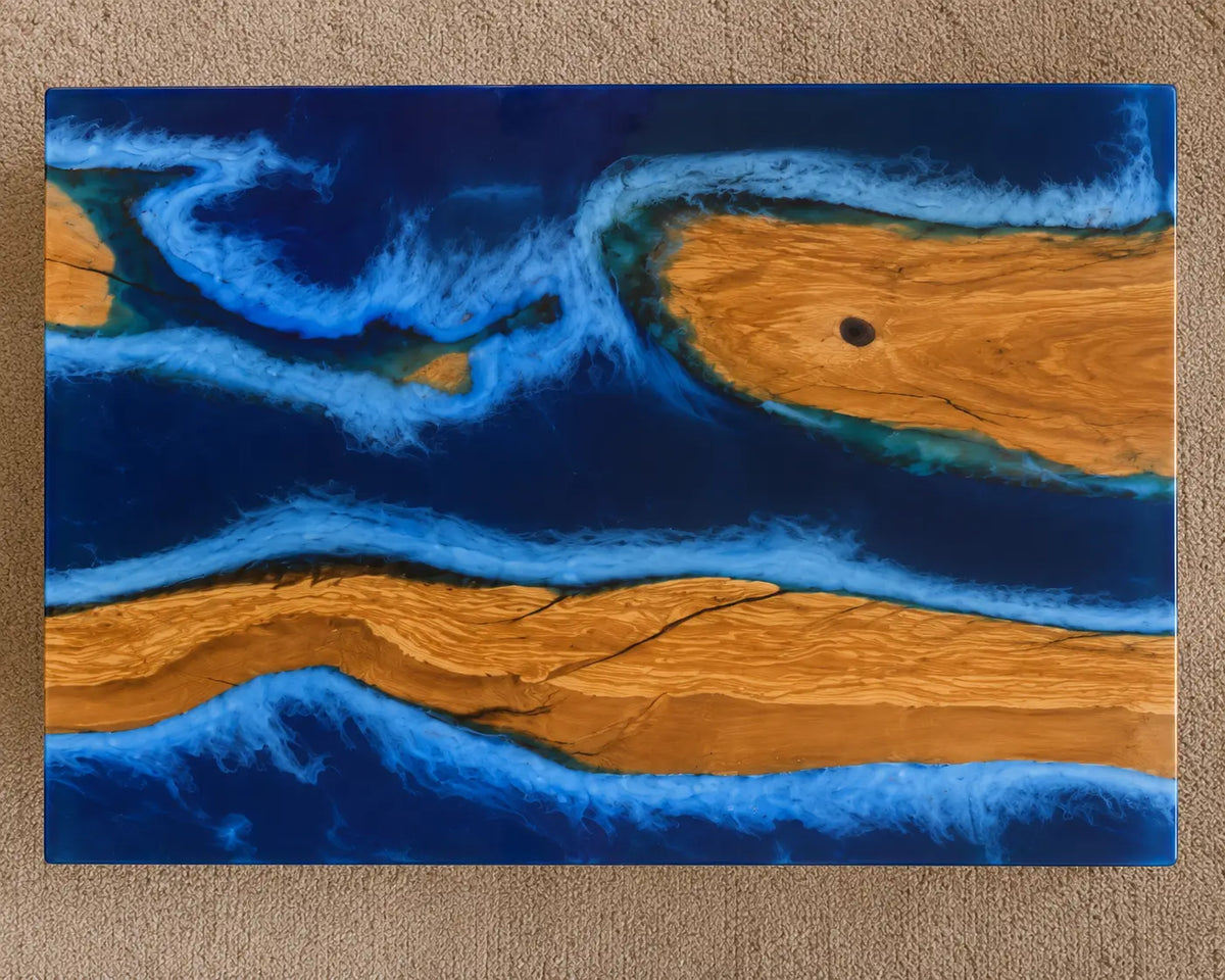 Azure Ribbons Pearlescent Blue Epoxy River Italian Olive Wood Coffee Table CFT42