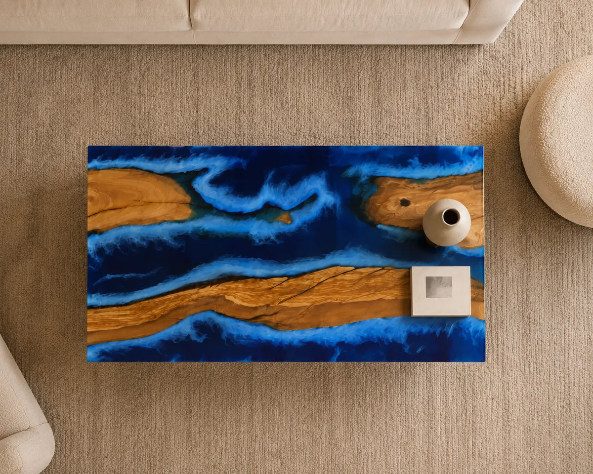 Azure Ribbons Pearlescent Blue Epoxy River Italian Olive Wood Coffee Table CFT42