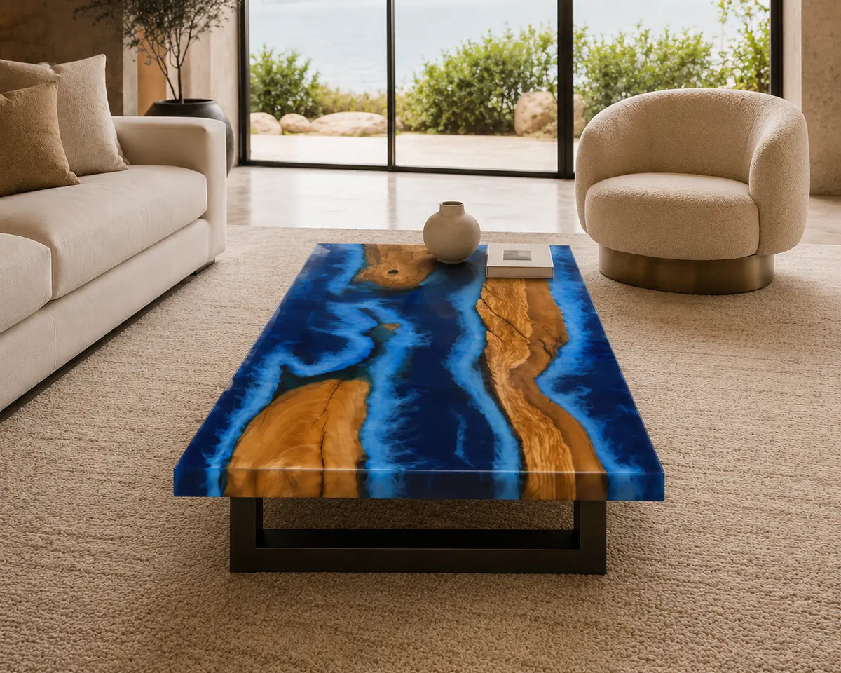 Azure Ribbons Pearlescent Blue Epoxy River Italian Olive Wood Coffee Table CFT42