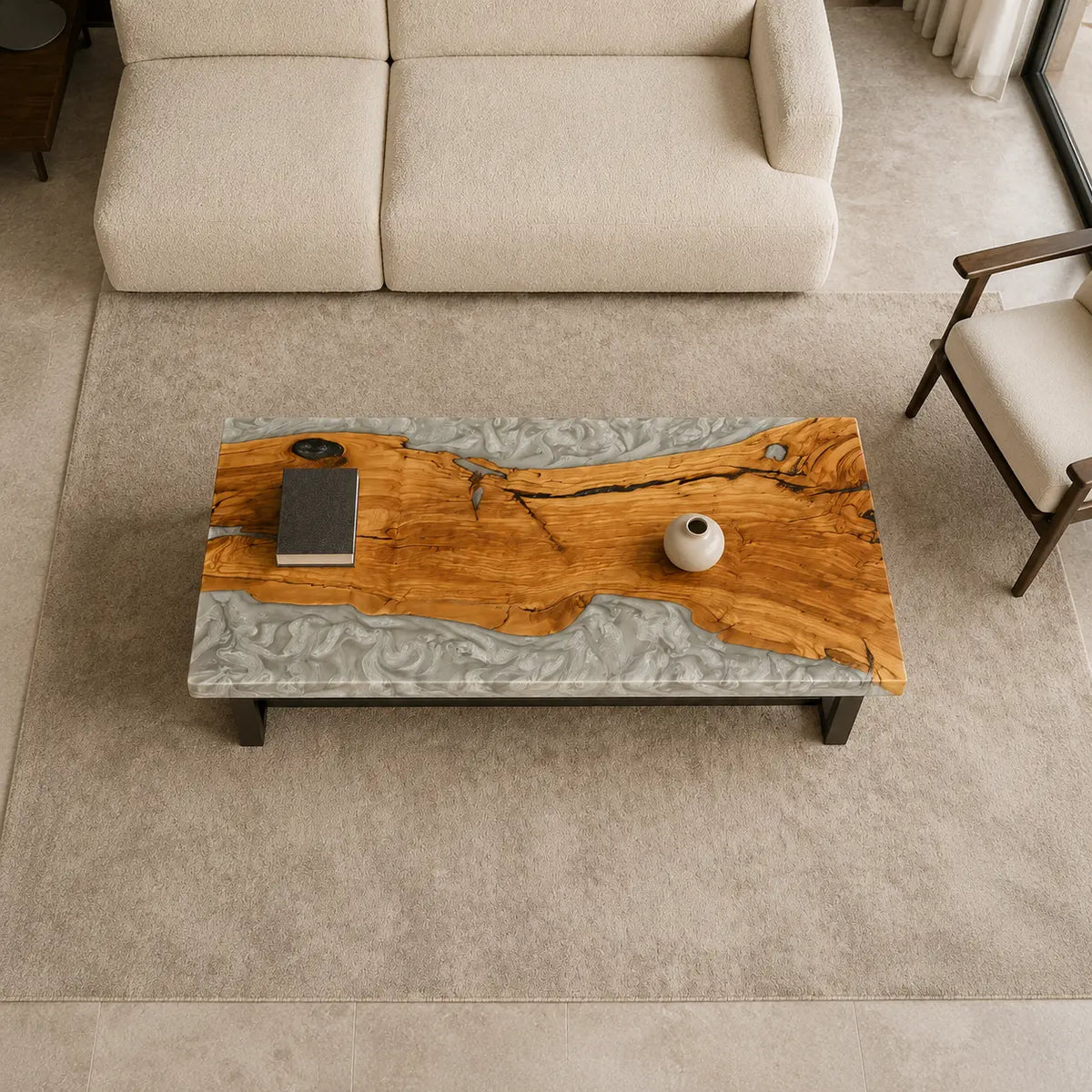 Crystal Coast crystal clear with silver-white texture epoxy river italian olive wood coffee table CFT43