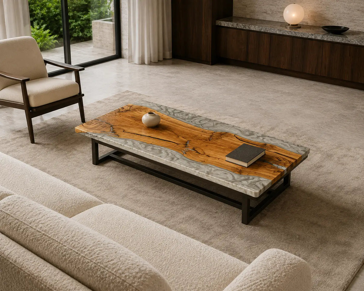 Crystal Coast Crystal Clear & Silver-White Texture Epoxy River Italian Olive Wood Coffee Table CFT43