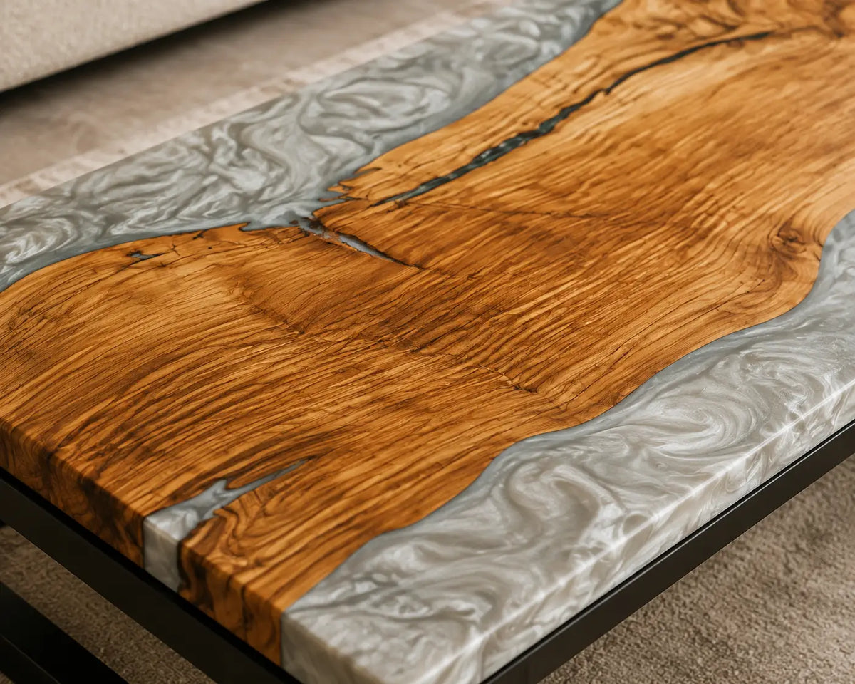 Crystal Coast Crystal Clear & Silver-White Texture Epoxy River Italian Olive Wood Coffee Table CFT43