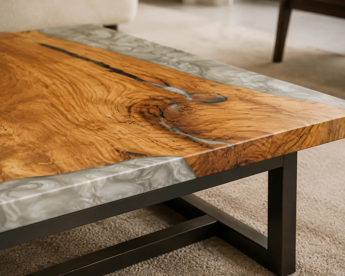 Crystal Coast Crystal Clear & Silver-White Texture Epoxy River Italian Olive Wood Coffee Table CFT43