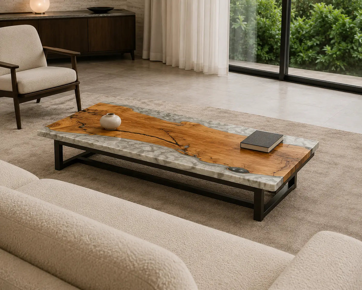 Crystal Coast Crystal Clear & Silver-White Texture Epoxy River Italian Olive Wood Coffee Table CFT43