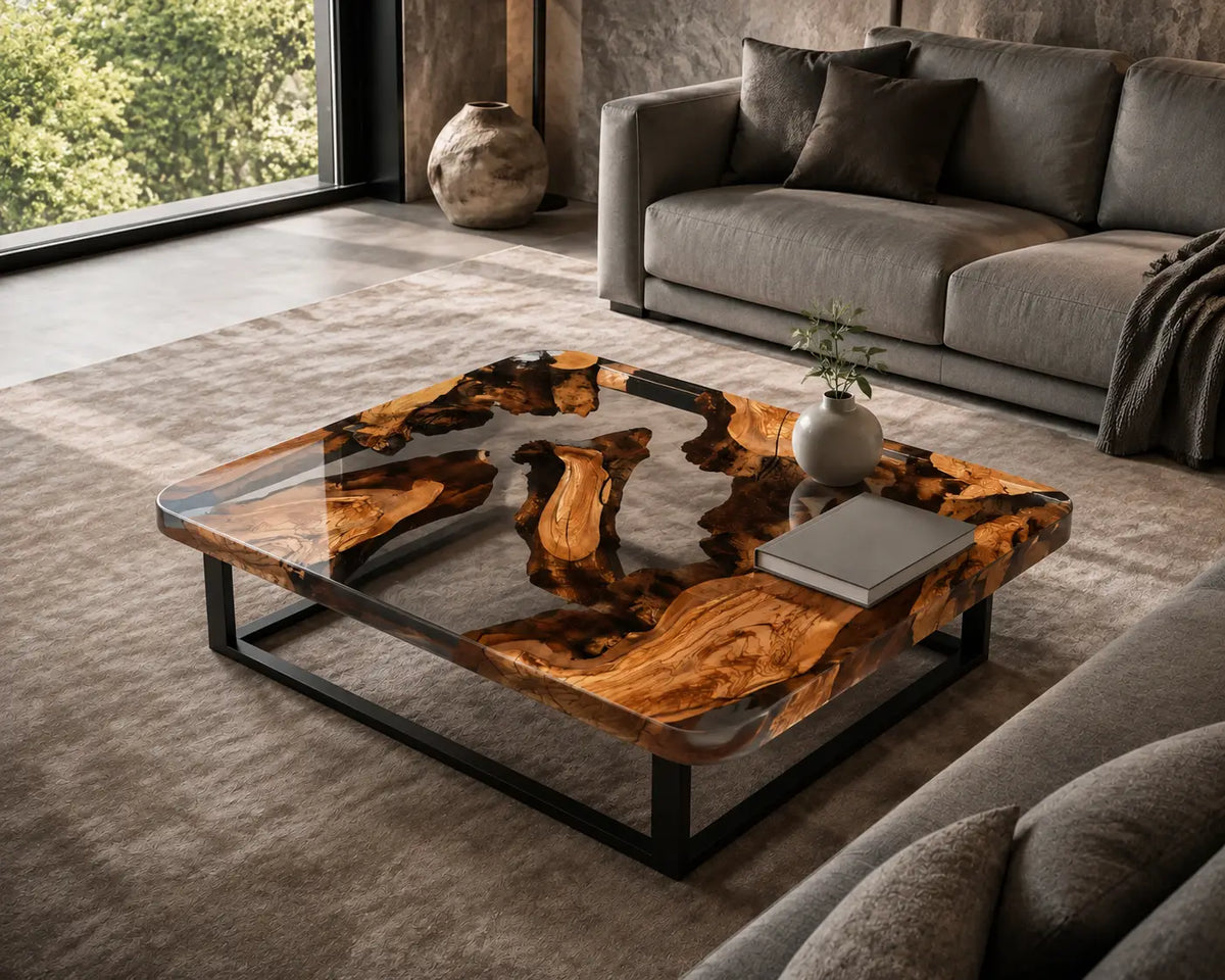 Smoky Atoll Smoky Clear Epoxy River Italian Olive Wood Coffee Table CFT44