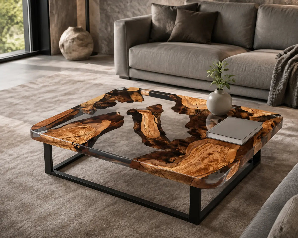 Smoky Atoll Smoky Clear Epoxy River Italian Olive Wood Coffee Table CFT44