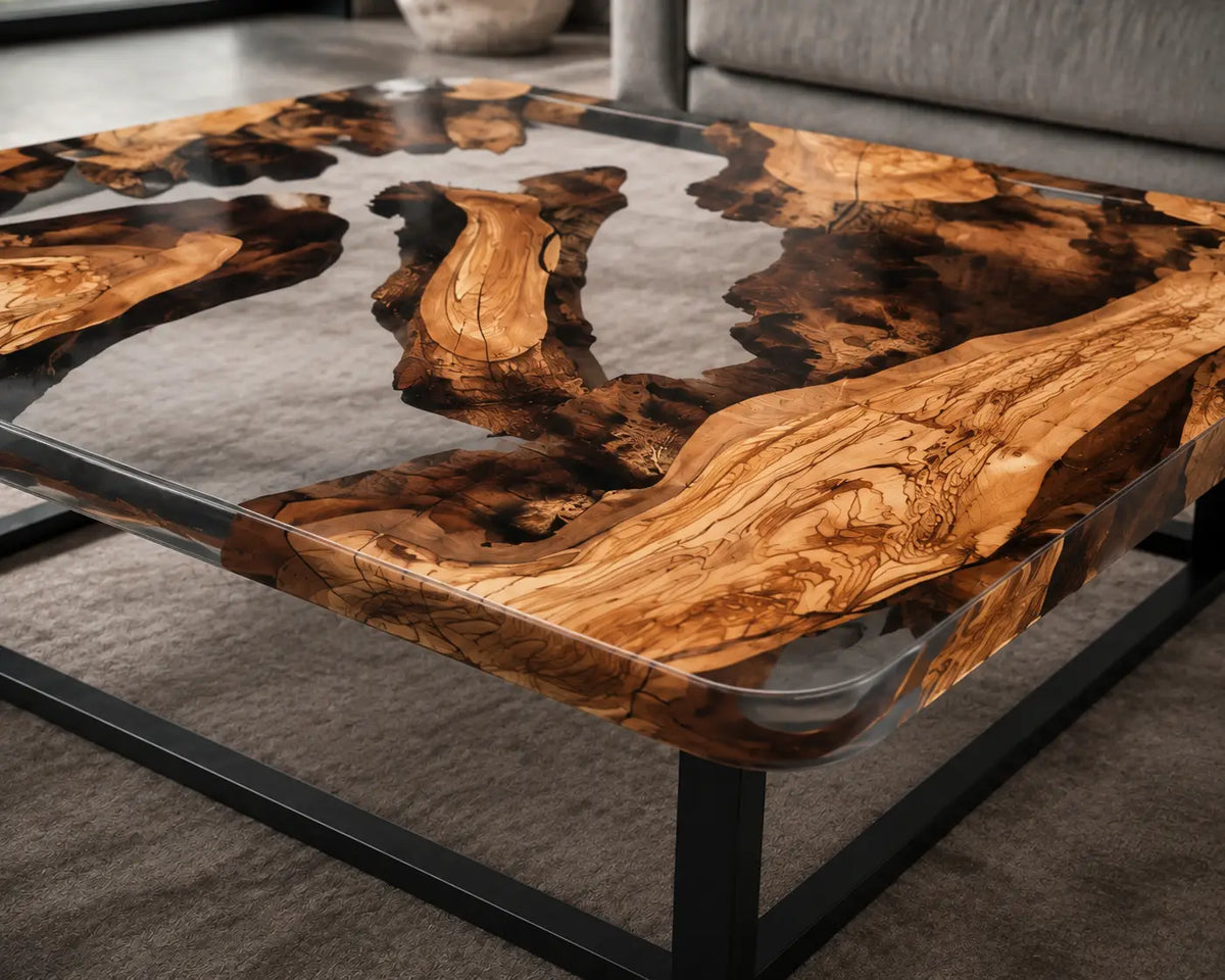 Smoky Atoll Smoky Clear Epoxy River Italian Olive Wood Coffee Table CFT44