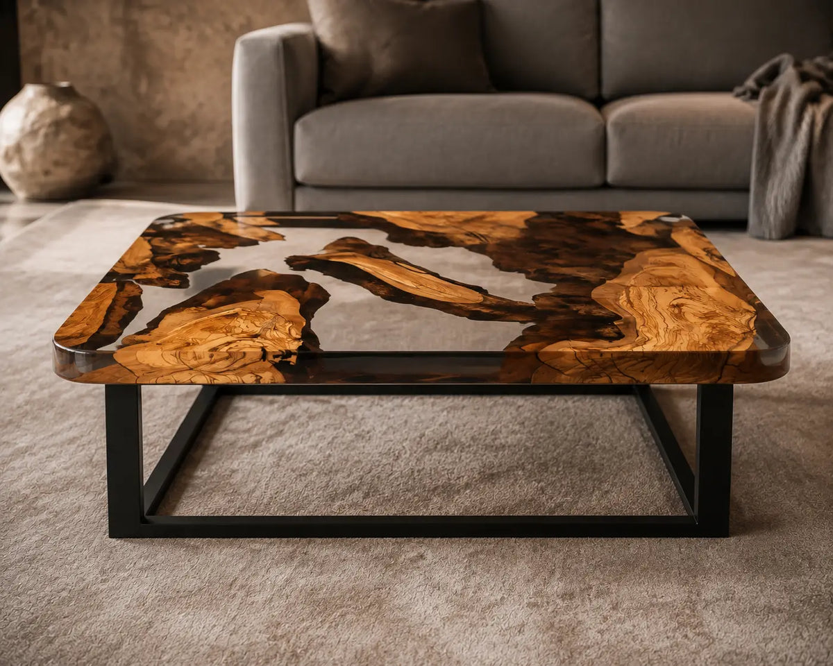 Smoky Atoll Smoky Clear Epoxy River Italian Olive Wood Coffee Table CFT44