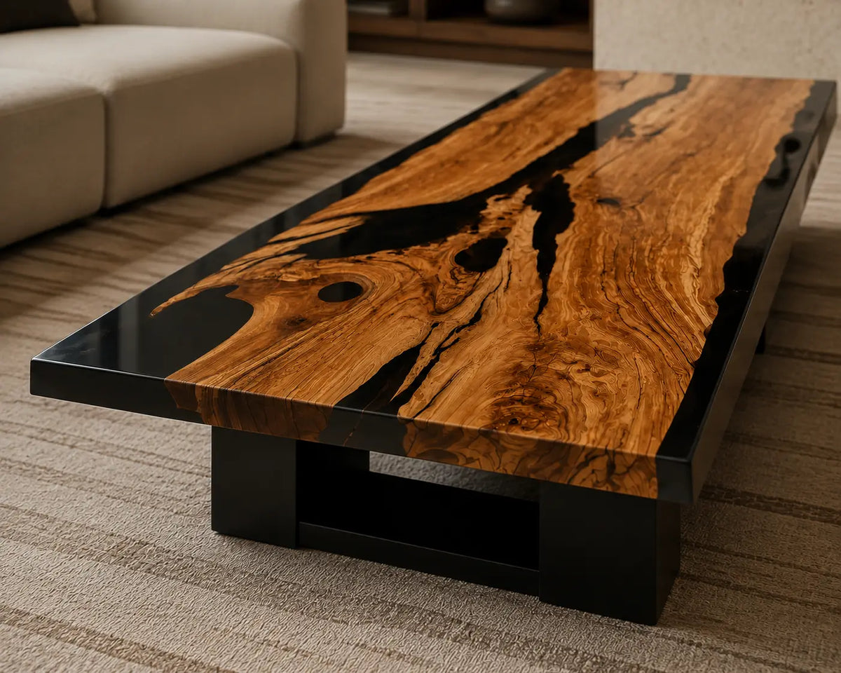 Onyx River Black Epoxy River Italian Olive Wood Coffee Table CFT45