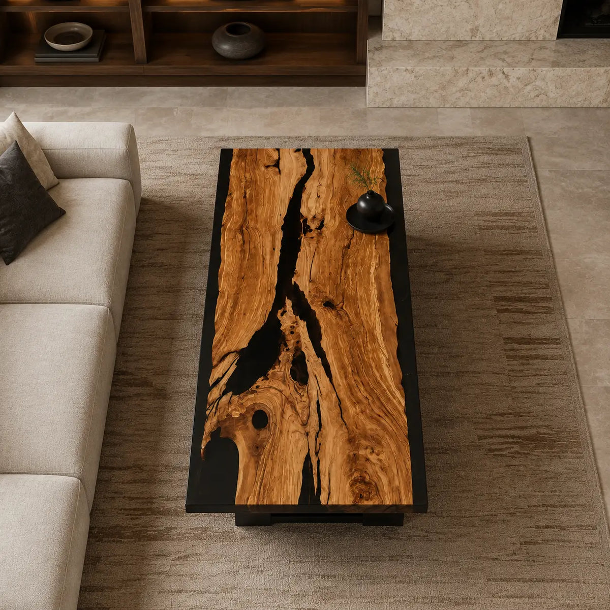 Onyx River Black Epoxy River Italian Olive Wood Coffee Table CFT45