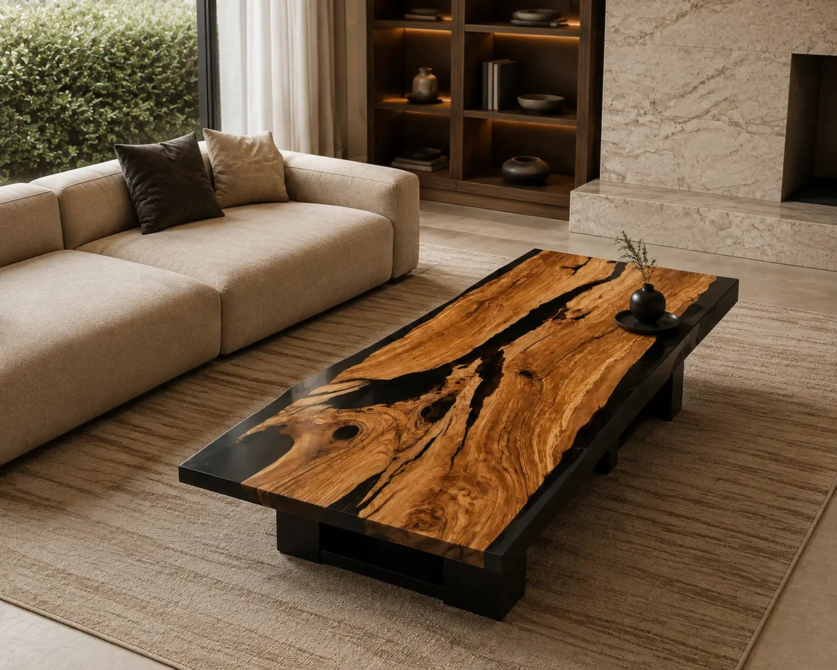 Onyx River Black Epoxy River Italian Olive Wood Coffee Table CFT45