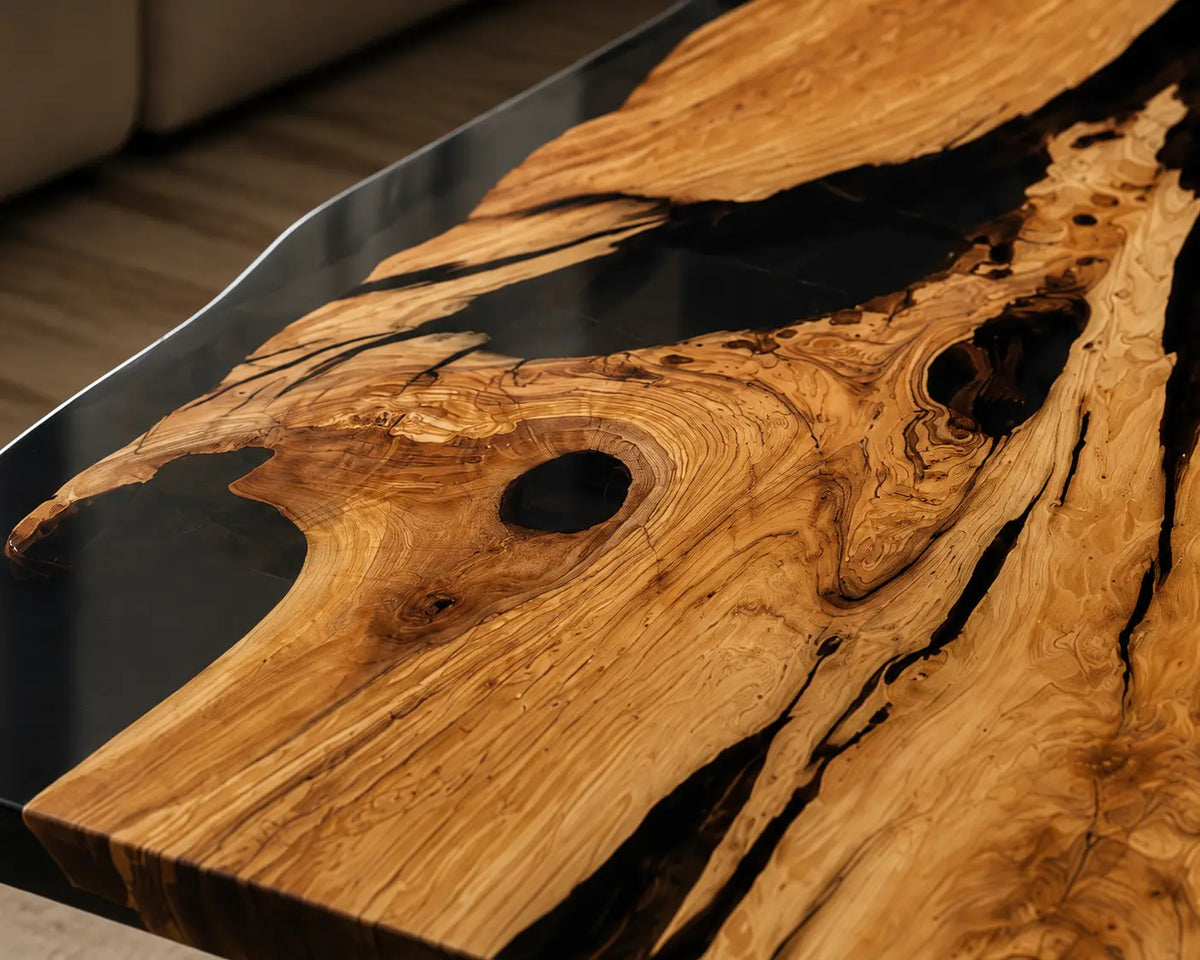 Onyx River Black Epoxy River Italian Olive Wood Coffee Table CFT45