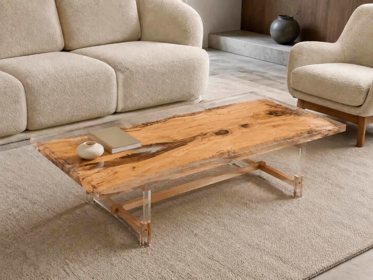Lucent Plain crystal clear epoxy italian olive wood coffee table CFT46