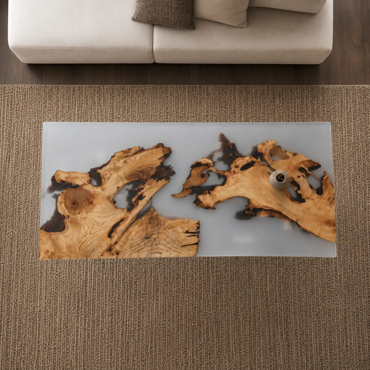 Floating Atlas crystal clear epoxy italian olive wood coffee table CFT47