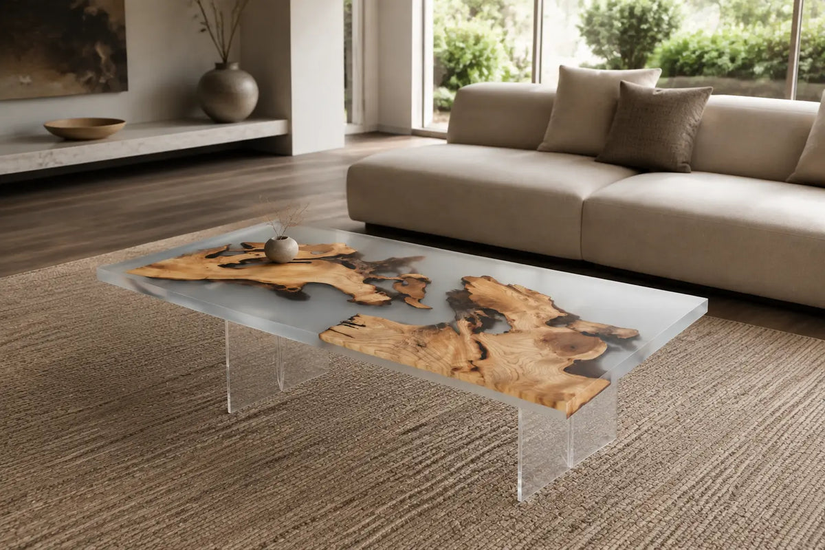 Floating Atlas Crystal Clear Epoxy Italian Olive Wood Coffee Table CFT47