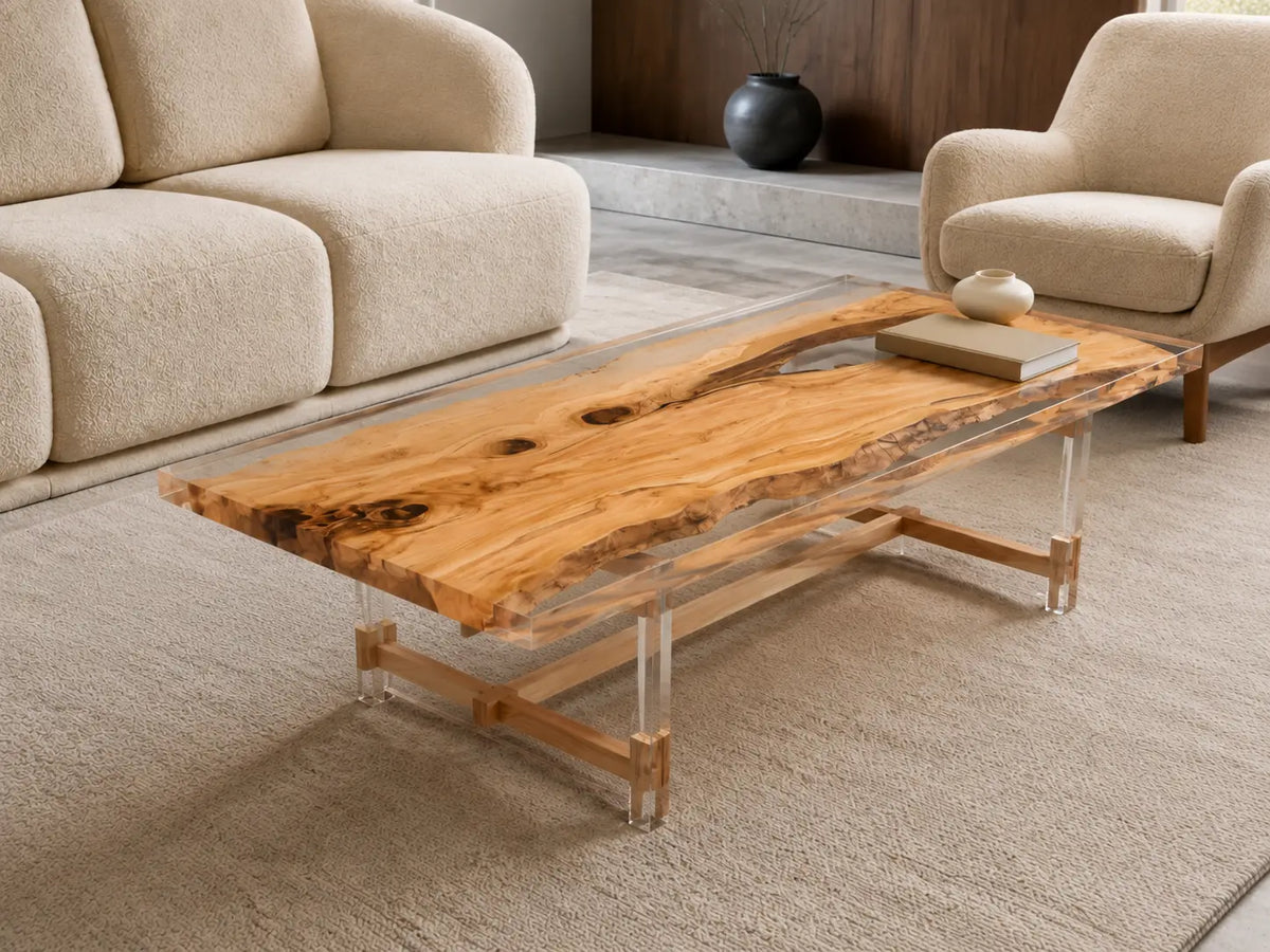 Lucent Plain Crystal Clear Epoxy Italian Olive Wood Coffee Table CFT46