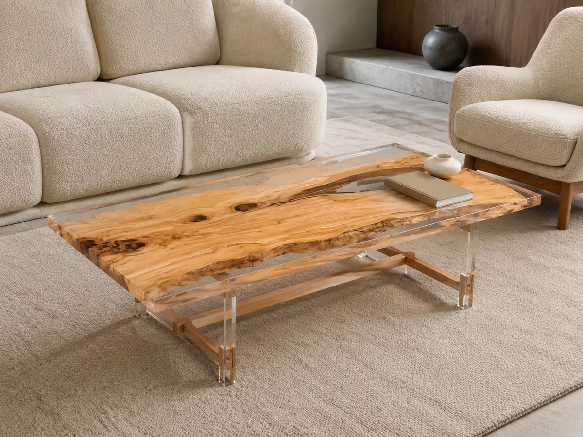 Lucent Plain Crystal Clear Epoxy Italian Olive Wood Coffee Table CFT46
