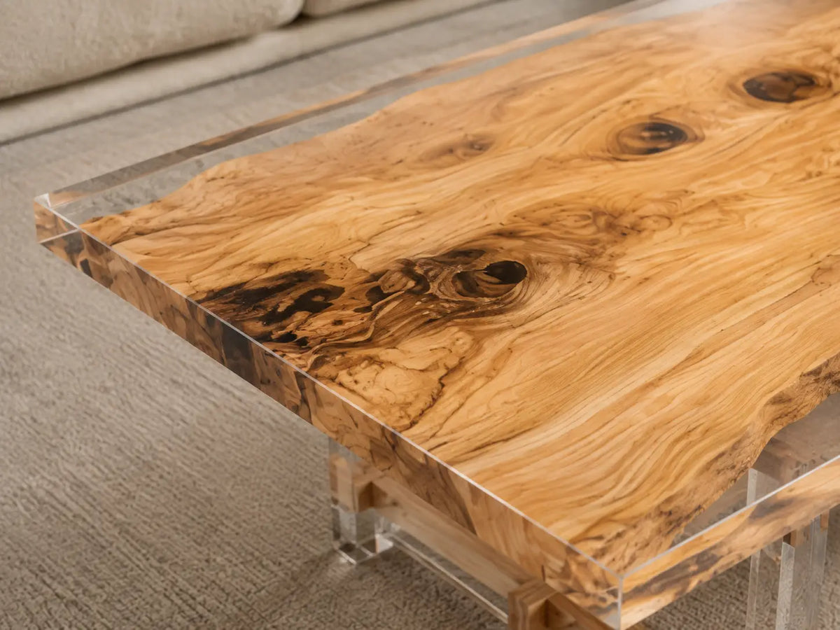 Lucent Plain Crystal Clear Epoxy Italian Olive Wood Coffee Table CFT46