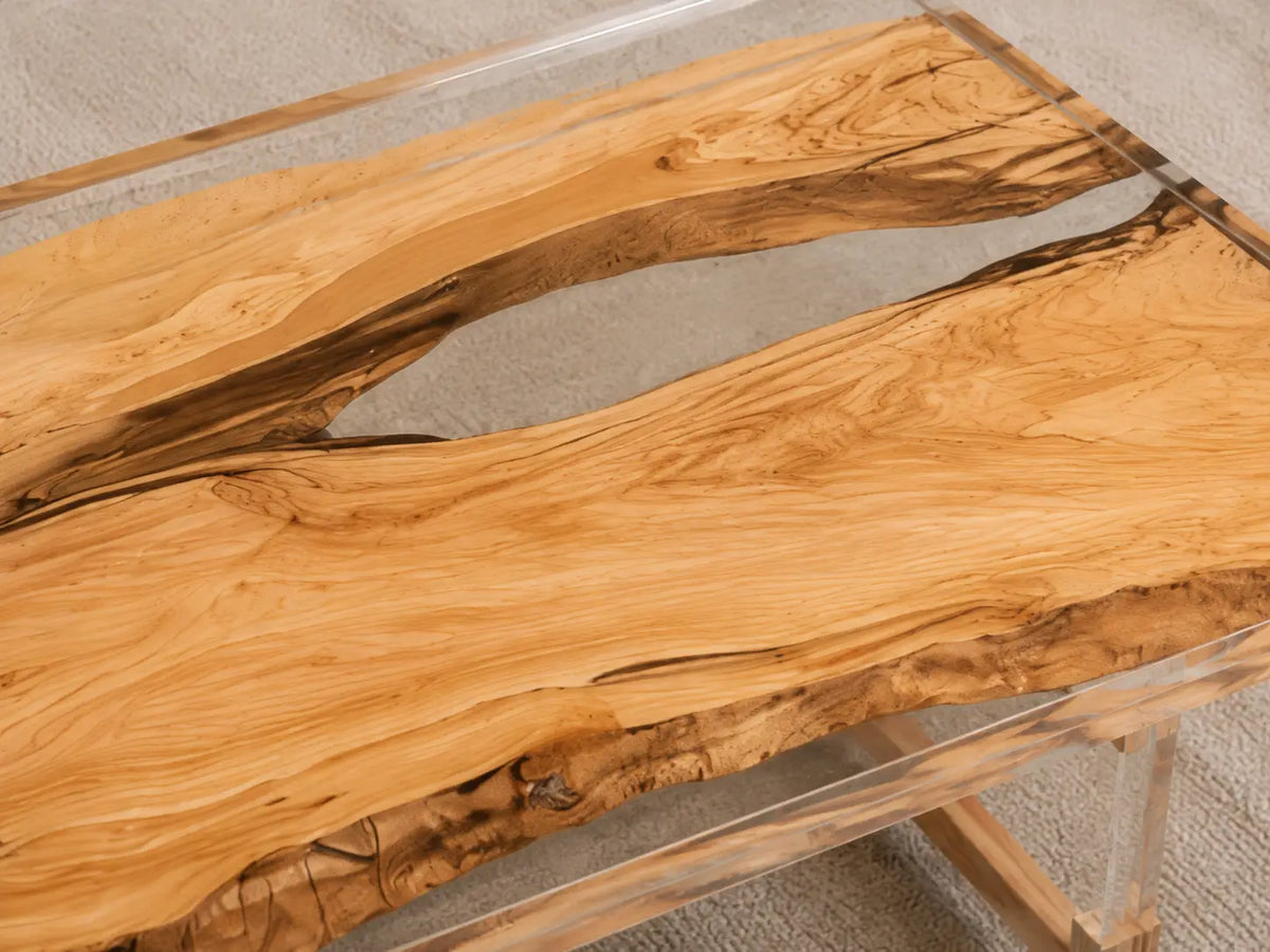 Lucent Plain Crystal Clear Epoxy Italian Olive Wood Coffee Table CFT46