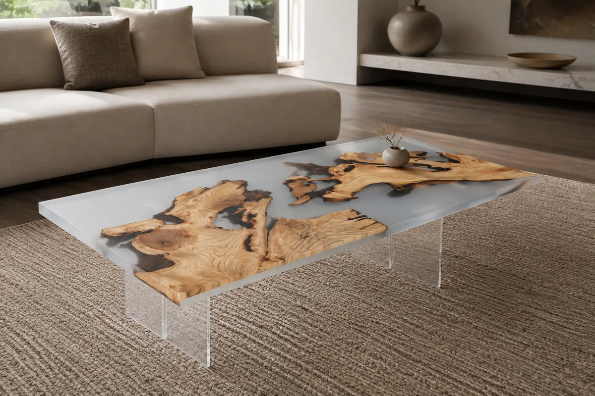 Floating Atlas Crystal Clear Epoxy Italian Olive Wood Coffee Table CFT47