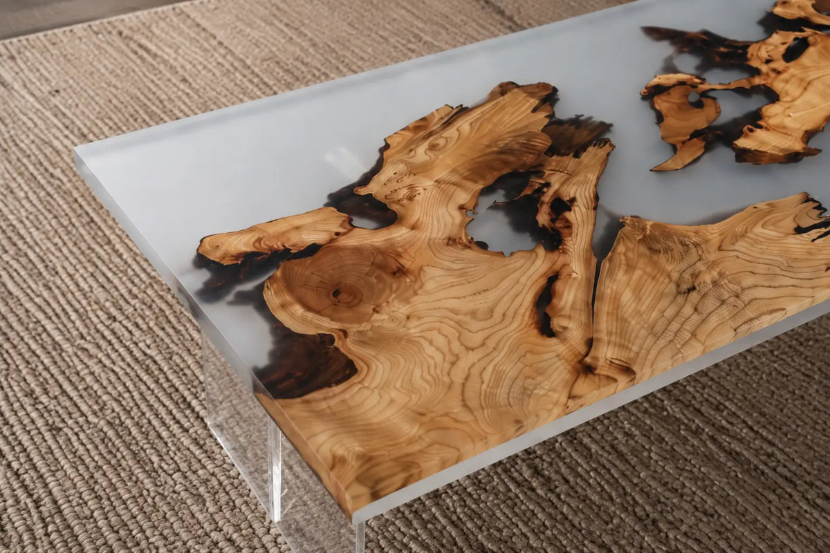 Floating Atlas Crystal Clear Epoxy Italian Olive Wood Coffee Table CFT47