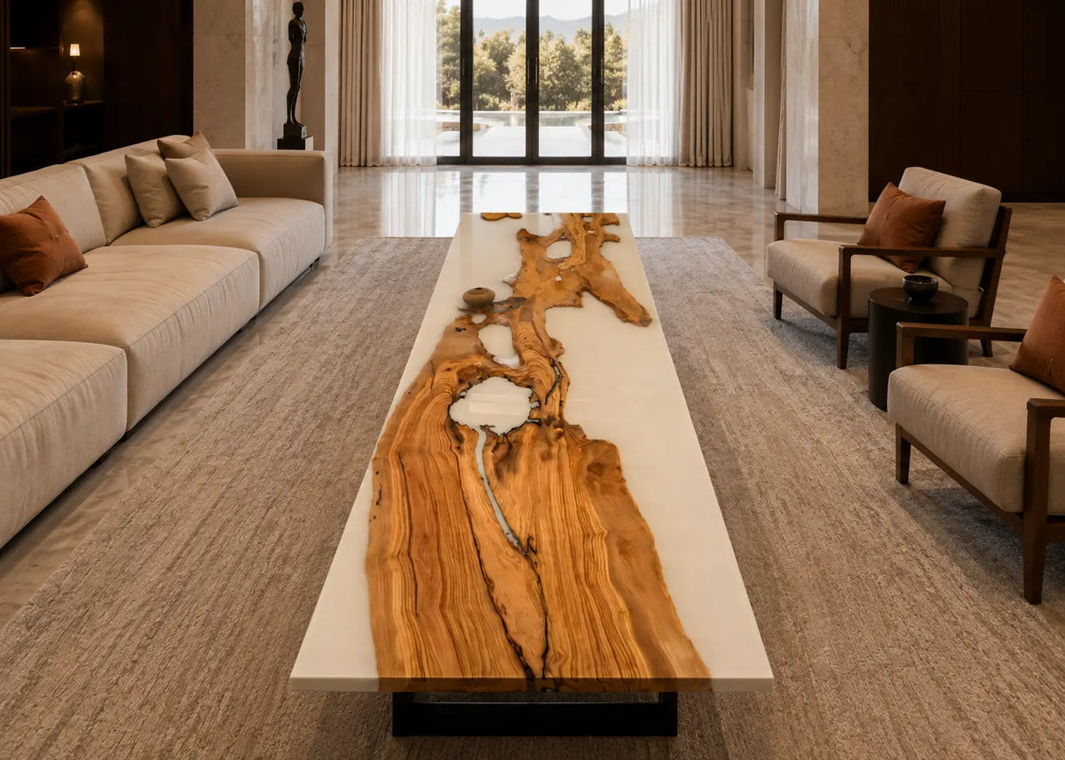 Ivory Current opaque white epoxy river italian olive wood coffee table CFT48