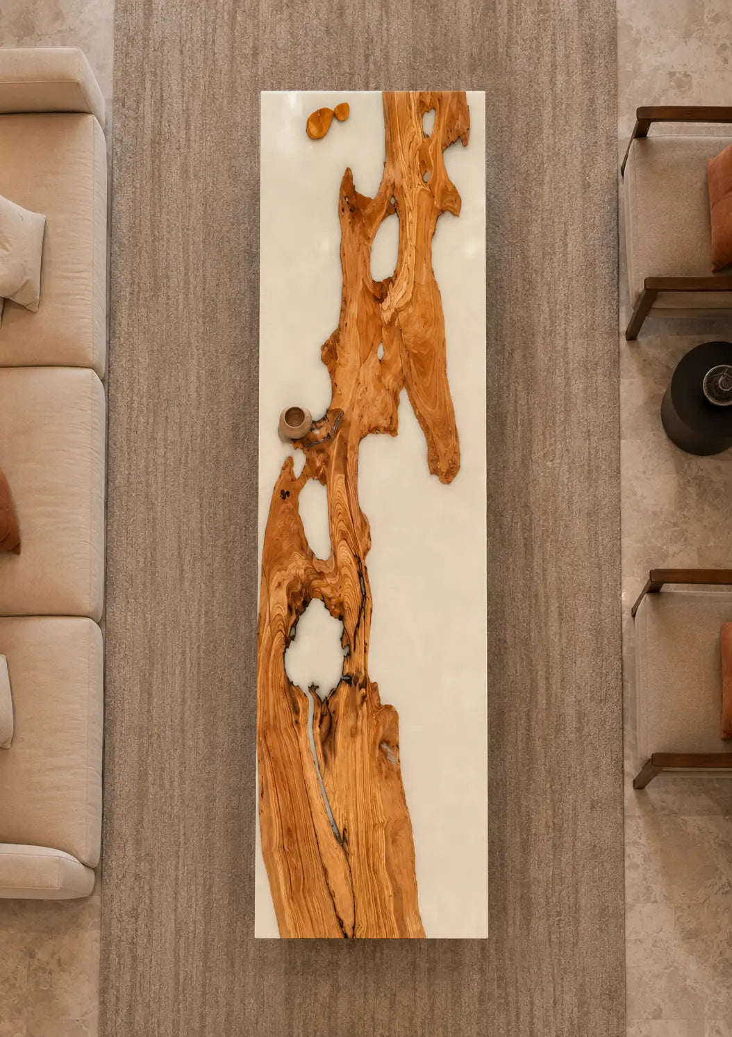 Ivory Current Opaque White Epoxy River Italian Olive Wood Coffee Table CFT48