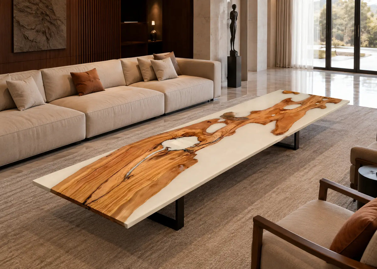Ivory Current Opaque White Epoxy River Italian Olive Wood Coffee Table CFT48