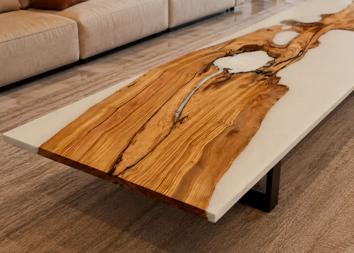 Ivory Current Opaque White Epoxy River Italian Olive Wood Coffee Table CFT48