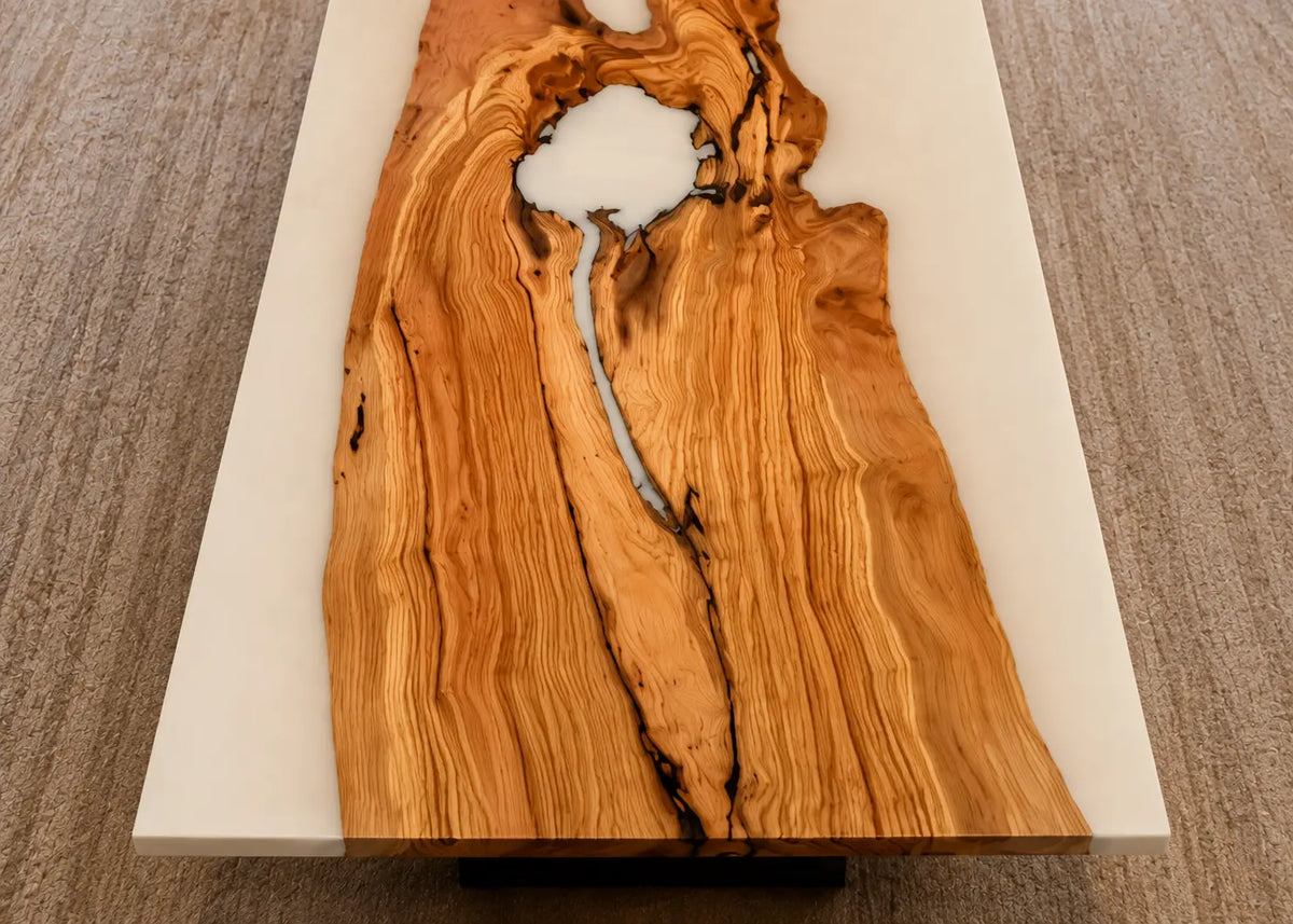 Ivory Current Opaque White Epoxy River Italian Olive Wood Coffee Table CFT48