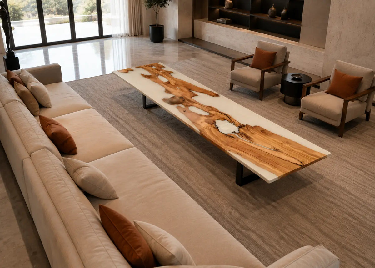 Ivory Current Opaque White Epoxy River Italian Olive Wood Coffee Table CFT48