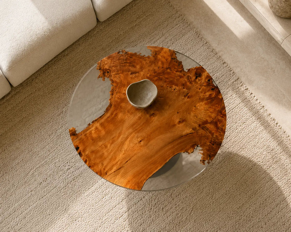 Clear Crescent crystal clear epoxy cedar burl coffee table CFT49