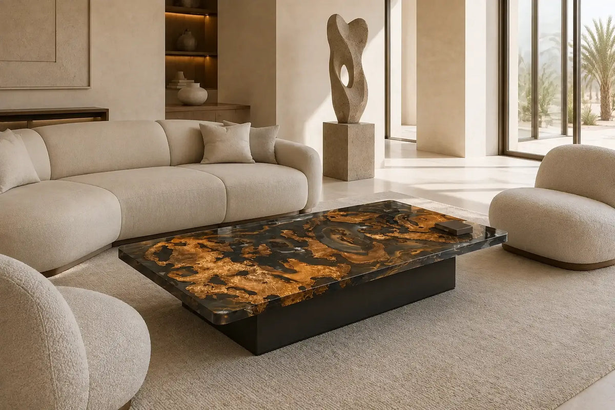Golden Tempest Smoky Transparent Gray Epoxy Cedar Burl Coffee Table CFT50