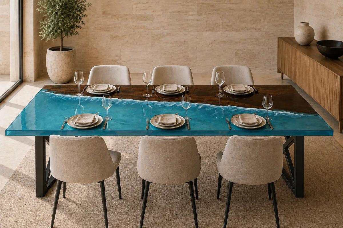 Azure Coast ocean blue with white surf epoxy walnut dining table DT33