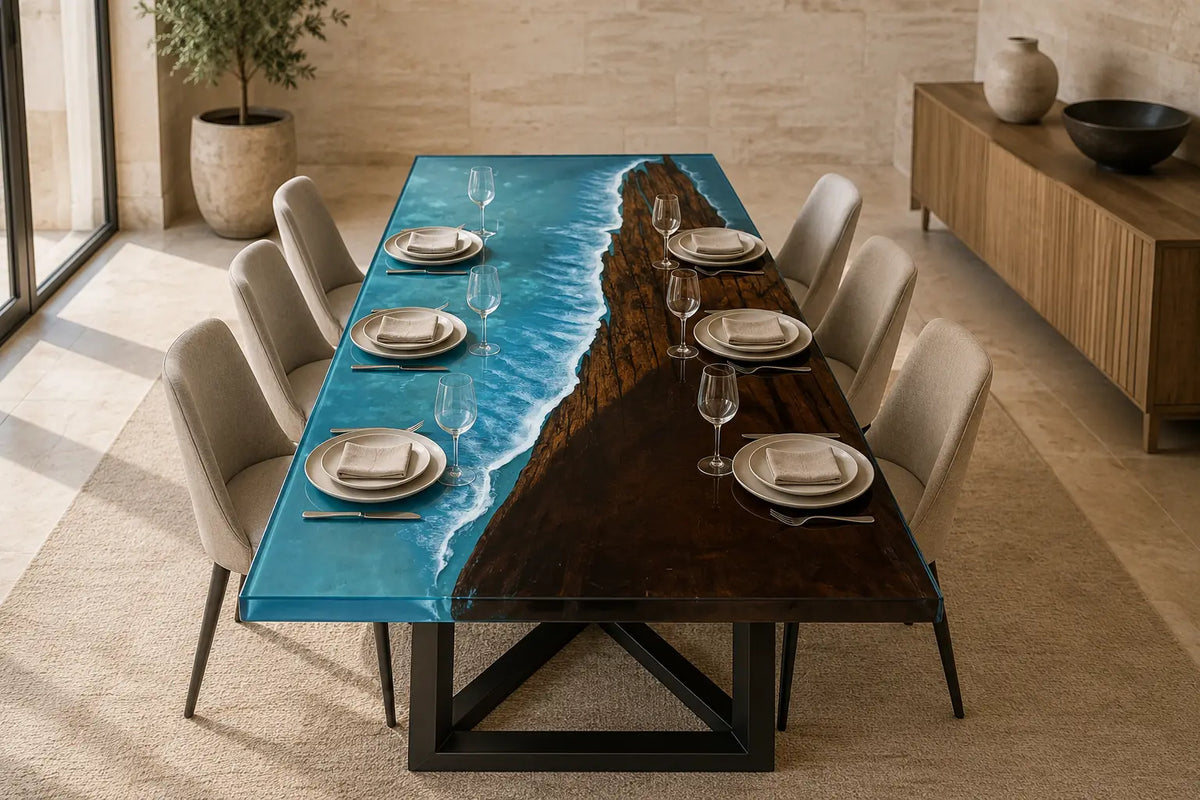 Azure Coast Ocean Blue & White Surf Epoxy Walnut Dining Table DT33