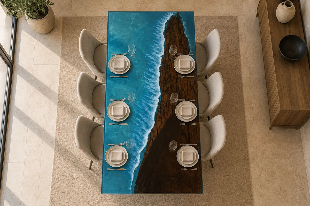 Azure Coast Ocean Blue & White Surf Epoxy Walnut Dining Table DT33