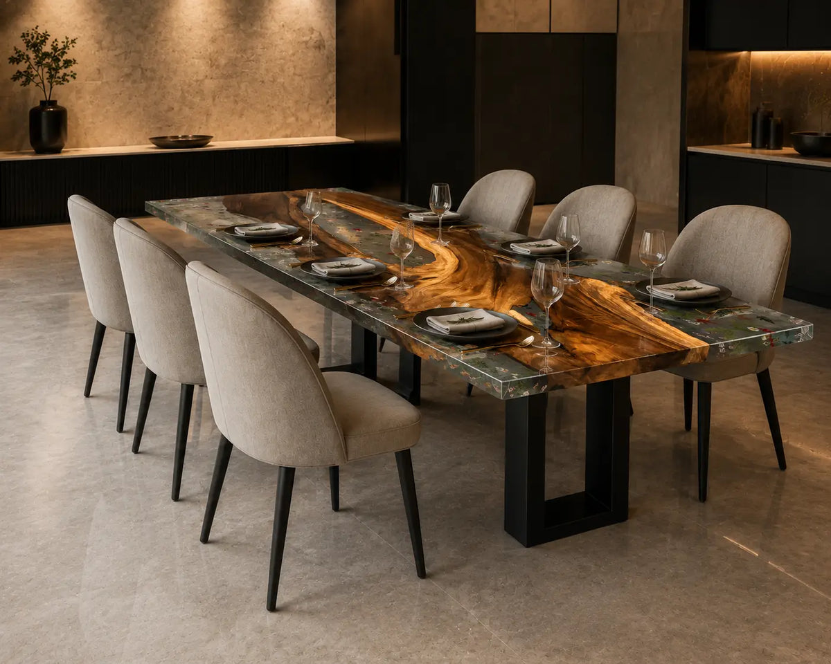 Botanical Canopy crystal clear with botanical inlays epoxy walnut dining table DT34