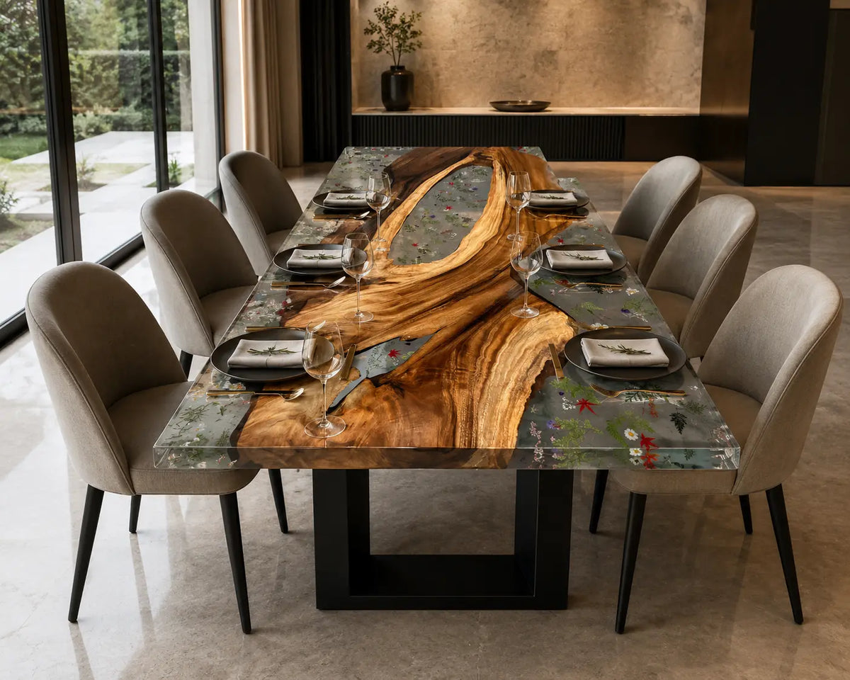 Botanical Canopy Crystal Clear & Botanical Inlays Epoxy Walnut Dining Table DT34