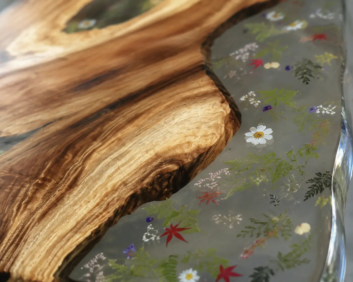Botanical Canopy Crystal Clear & Botanical Inlays Epoxy Walnut Dining Table DT34