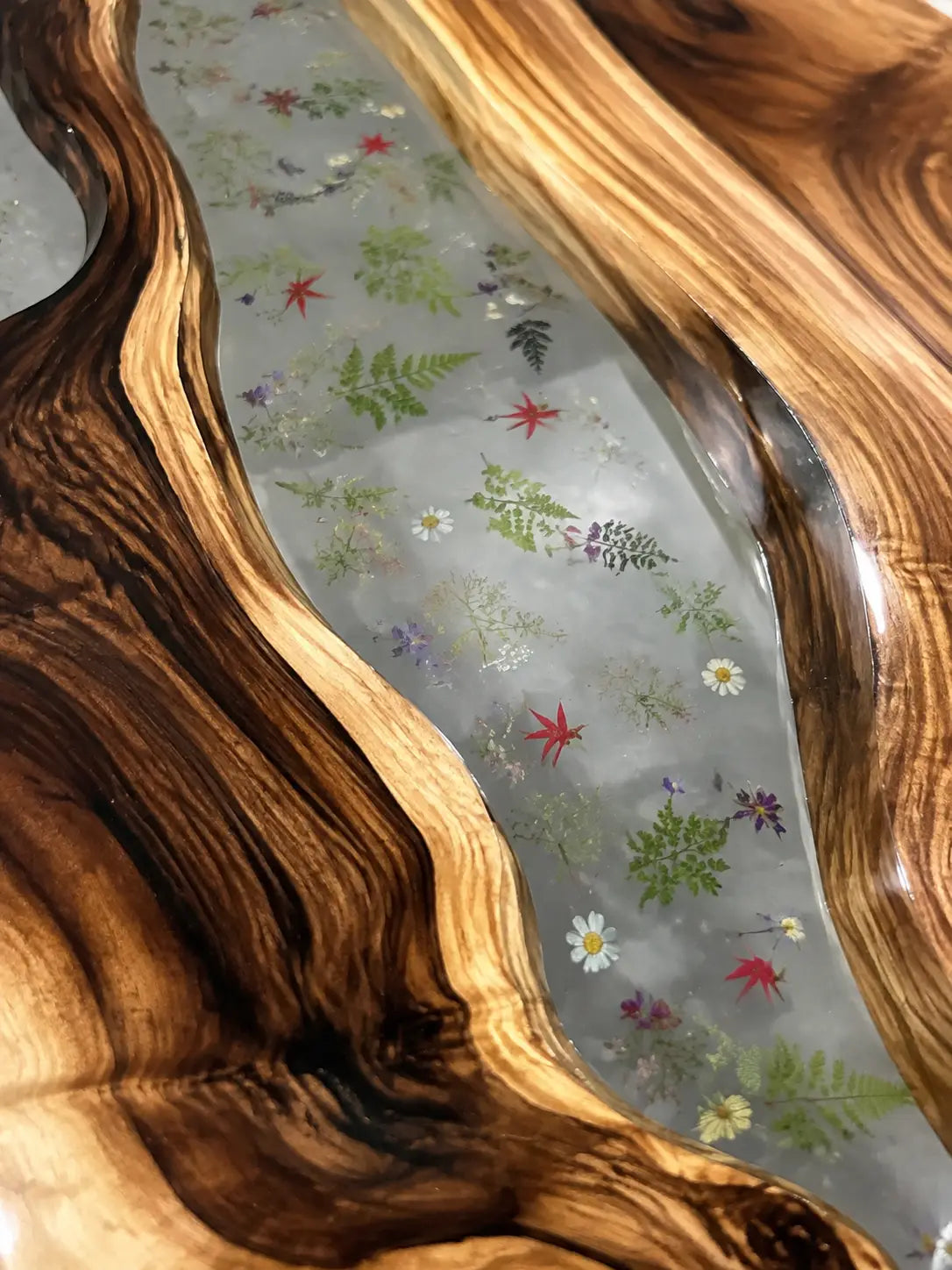 Botanical Canopy Crystal Clear & Botanical Inlays Epoxy Walnut Dining Table DT34