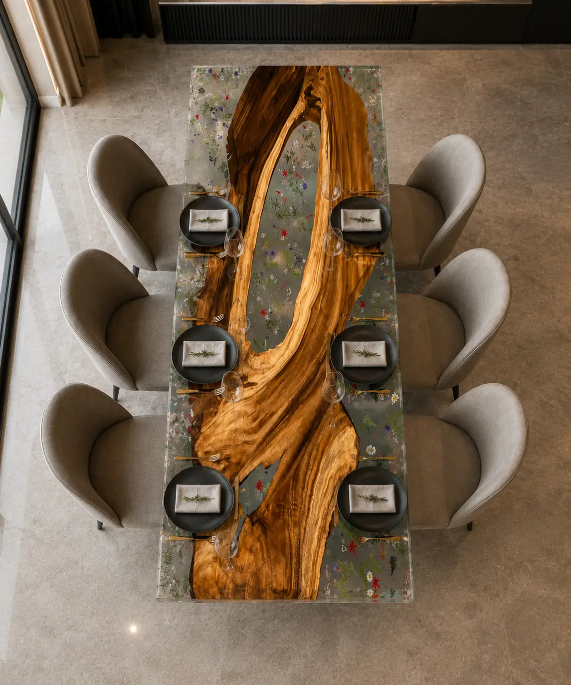 Botanical Canopy Crystal Clear & Botanical Inlays Epoxy Walnut Dining Table DT34