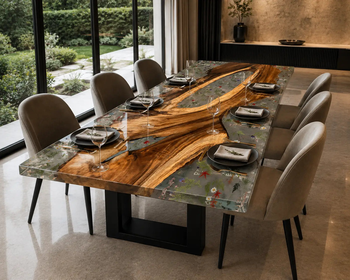 Botanical Canopy Crystal Clear & Botanical Inlays Epoxy Walnut Dining Table DT34