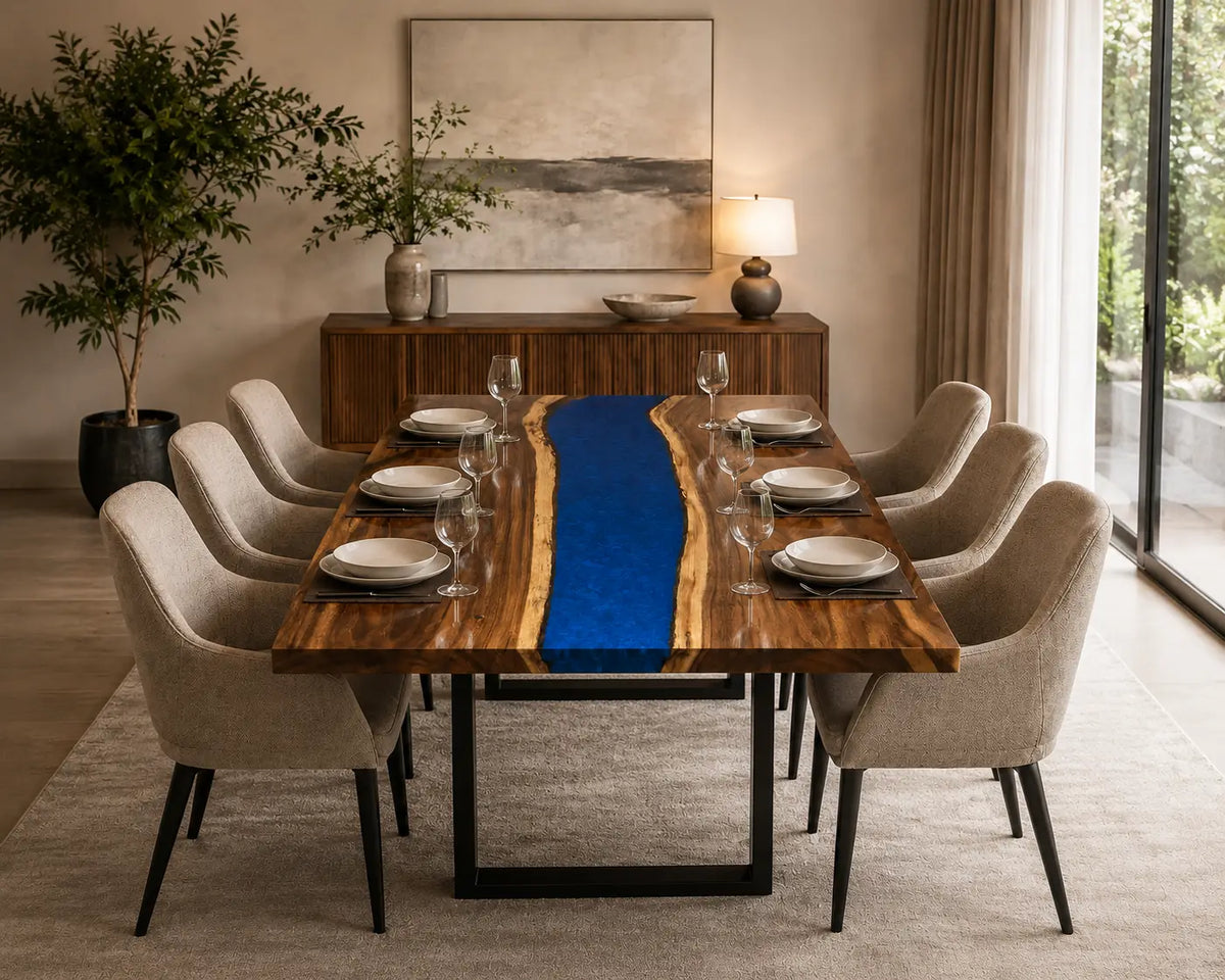 Cobalt Passage cobalt blue epoxy river walnut dining table DT35