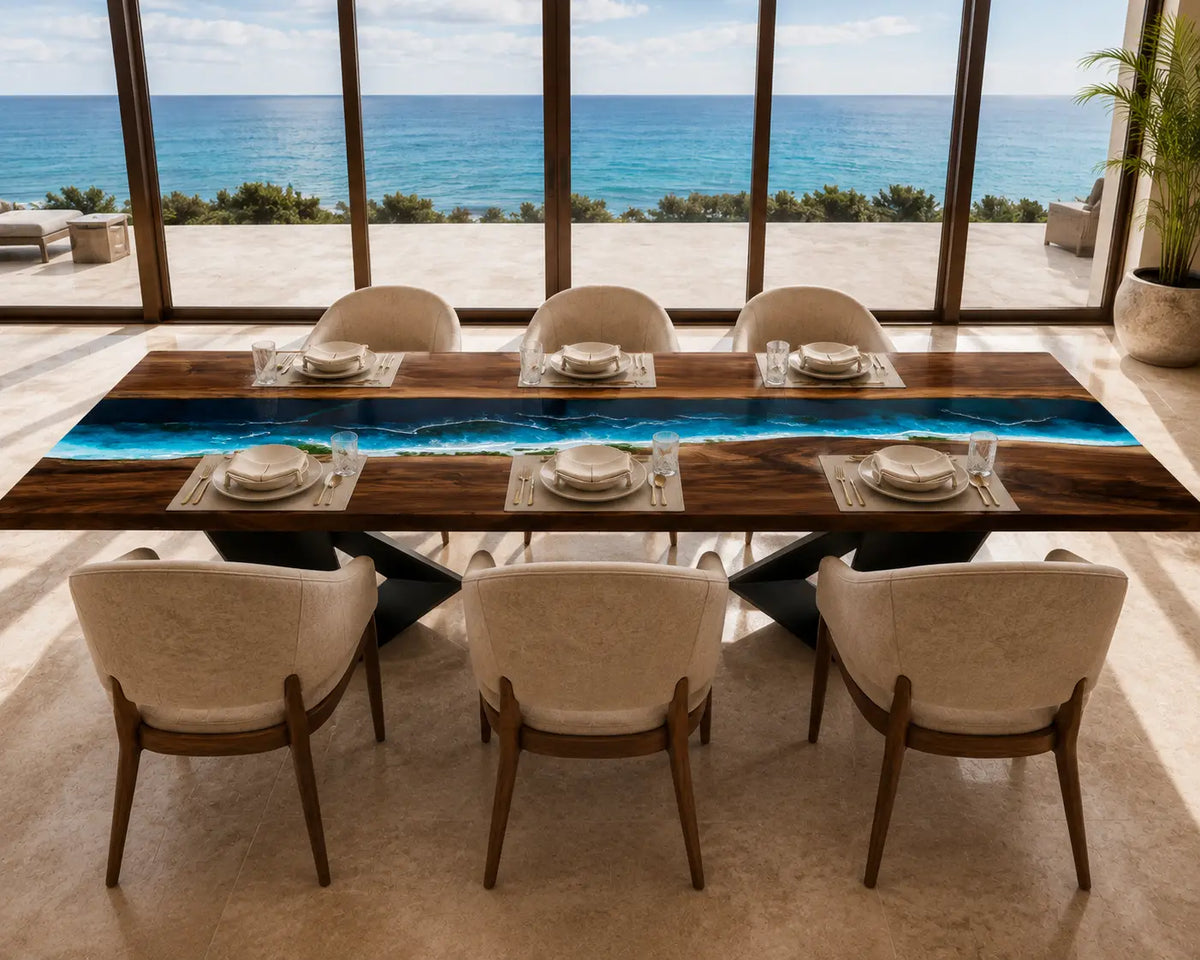 Midnight Tide midnight blue with turquoise and white surf epoxy river walnut dining table DT36